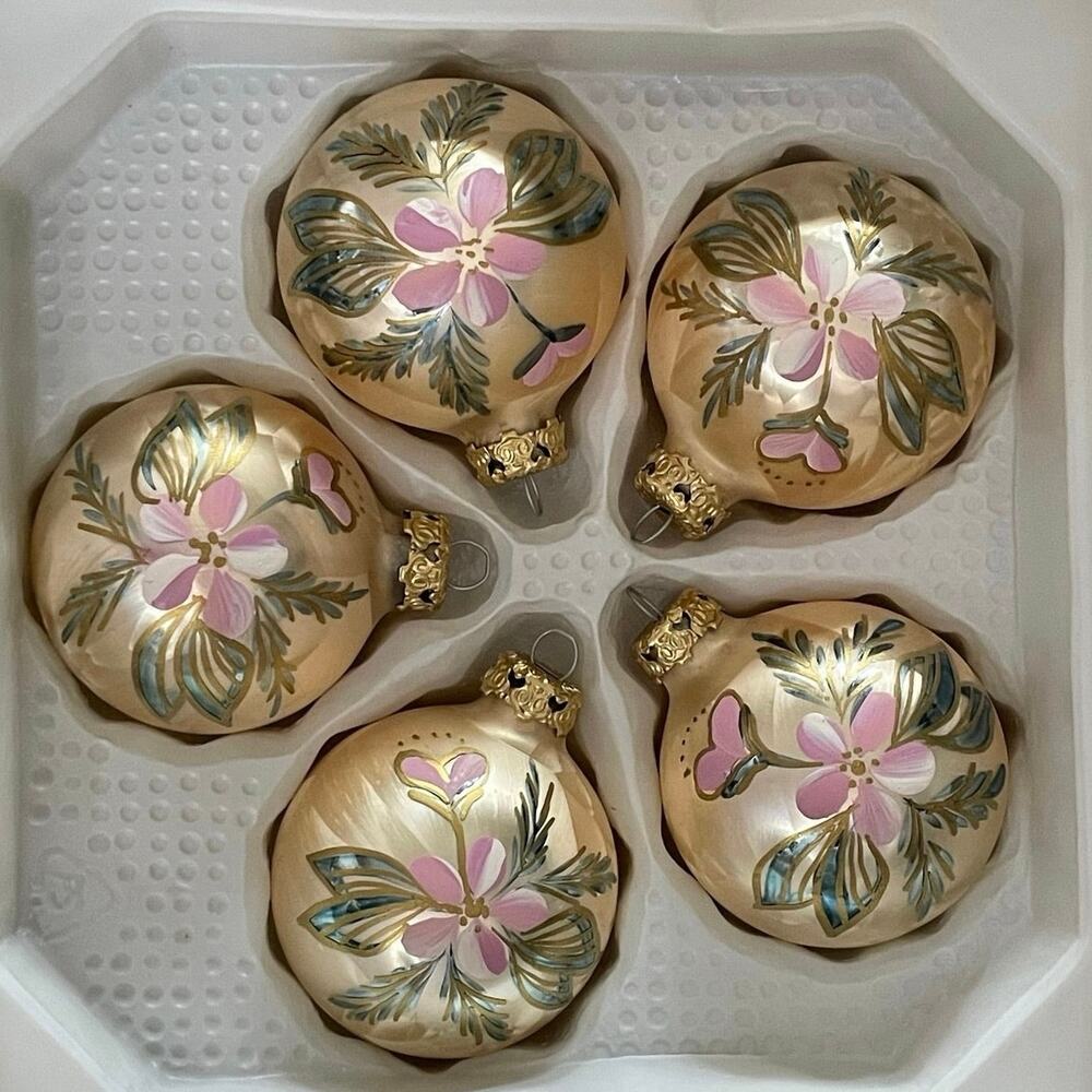 Vintage German Glass Christmas Ornaments Set 5 Hand Painted Floral 2.5” (6 cm)
